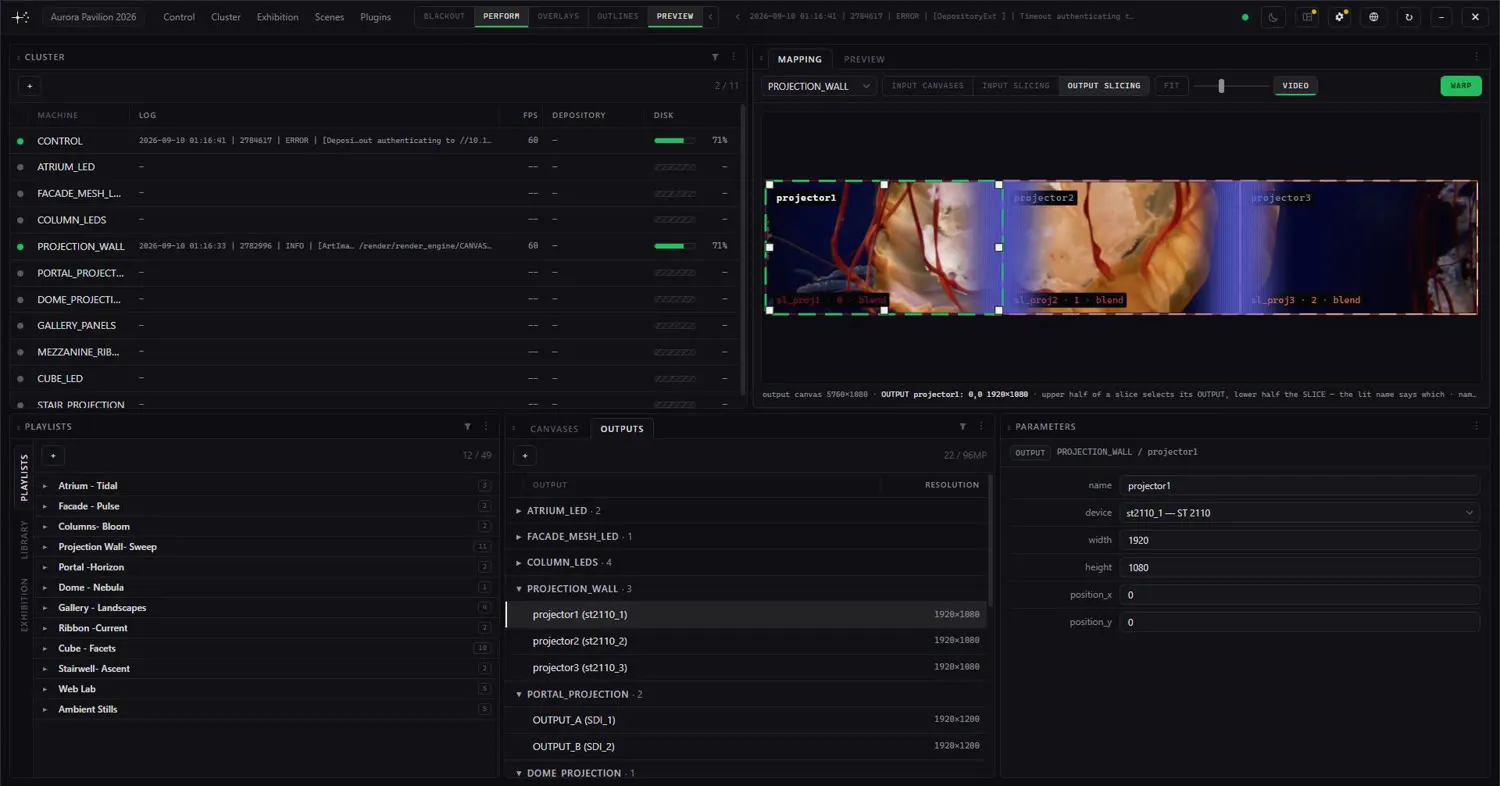 The Constellation interface — an eleven-machine render cluster, three blended projector slices over live content, and an outputs list where each projector is an ST 2110 sender (st2110_1, st2110_2, st2110_3).
