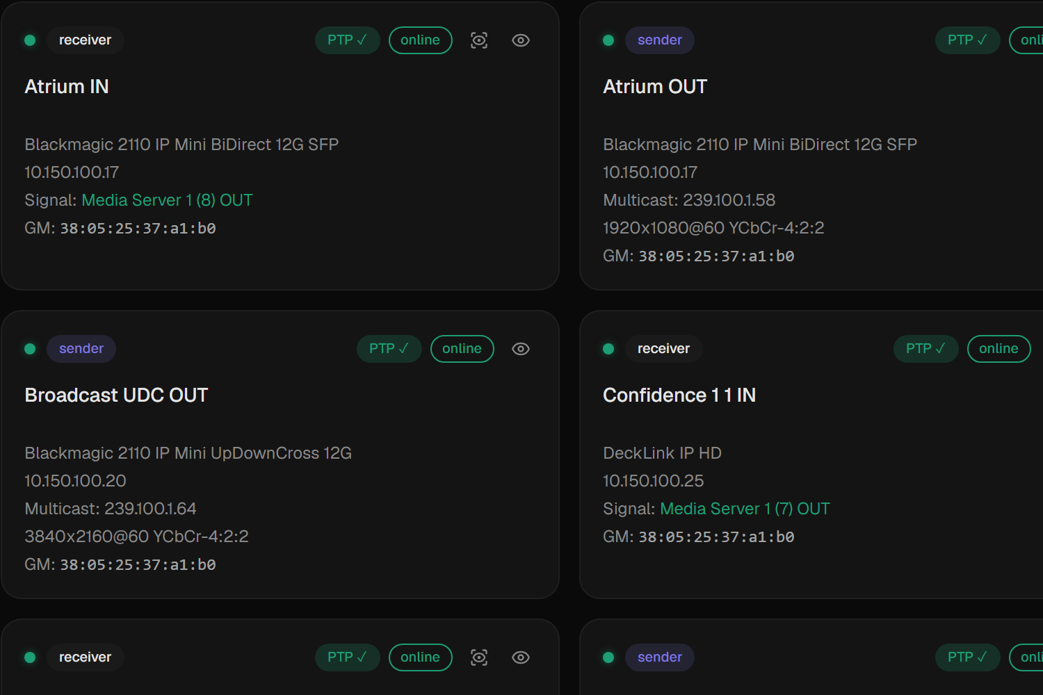 Transmission device list showing Blackmagic 2110 IP Mini and DeckLink IP cards with IP address, multicast group, video format and PTP lock state on each card.