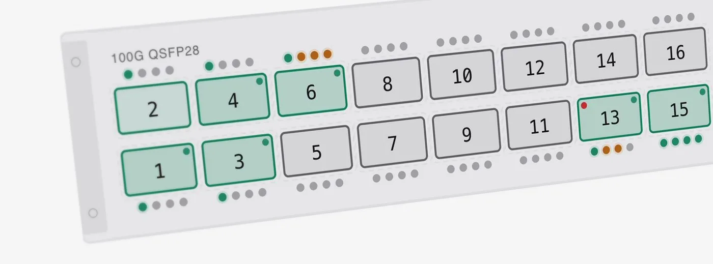 The MikroTik CRS520-4XS-16XQ front panel in Transmission's monitoring view — sixteen 100G QSFP28 ports with per-port link state.