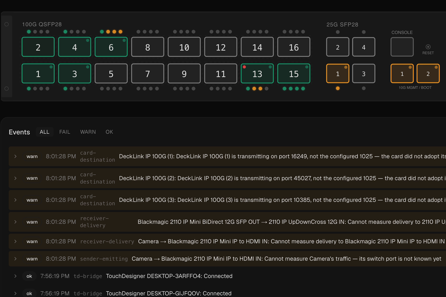 Transmission monitoring view rendering the MikroTik CRS520-4XS-16XQ front panel with its 100G QSFP28 and 25G SFP28 ports, above the health event log.
