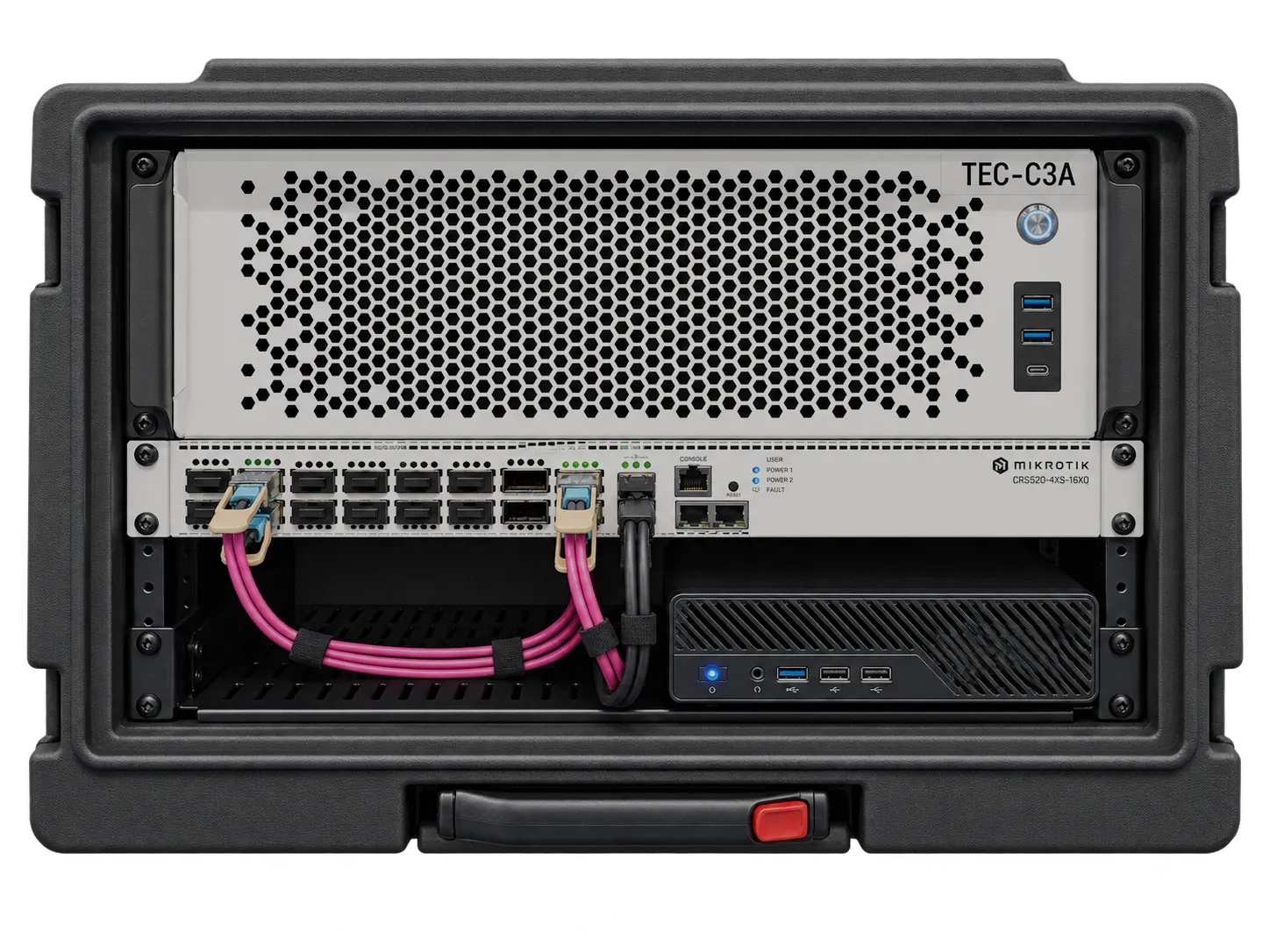 The 6RU travel rack — TEC-C3A media server over a MikroTik CRS520-4XS-16XQ, cabled and cased.
