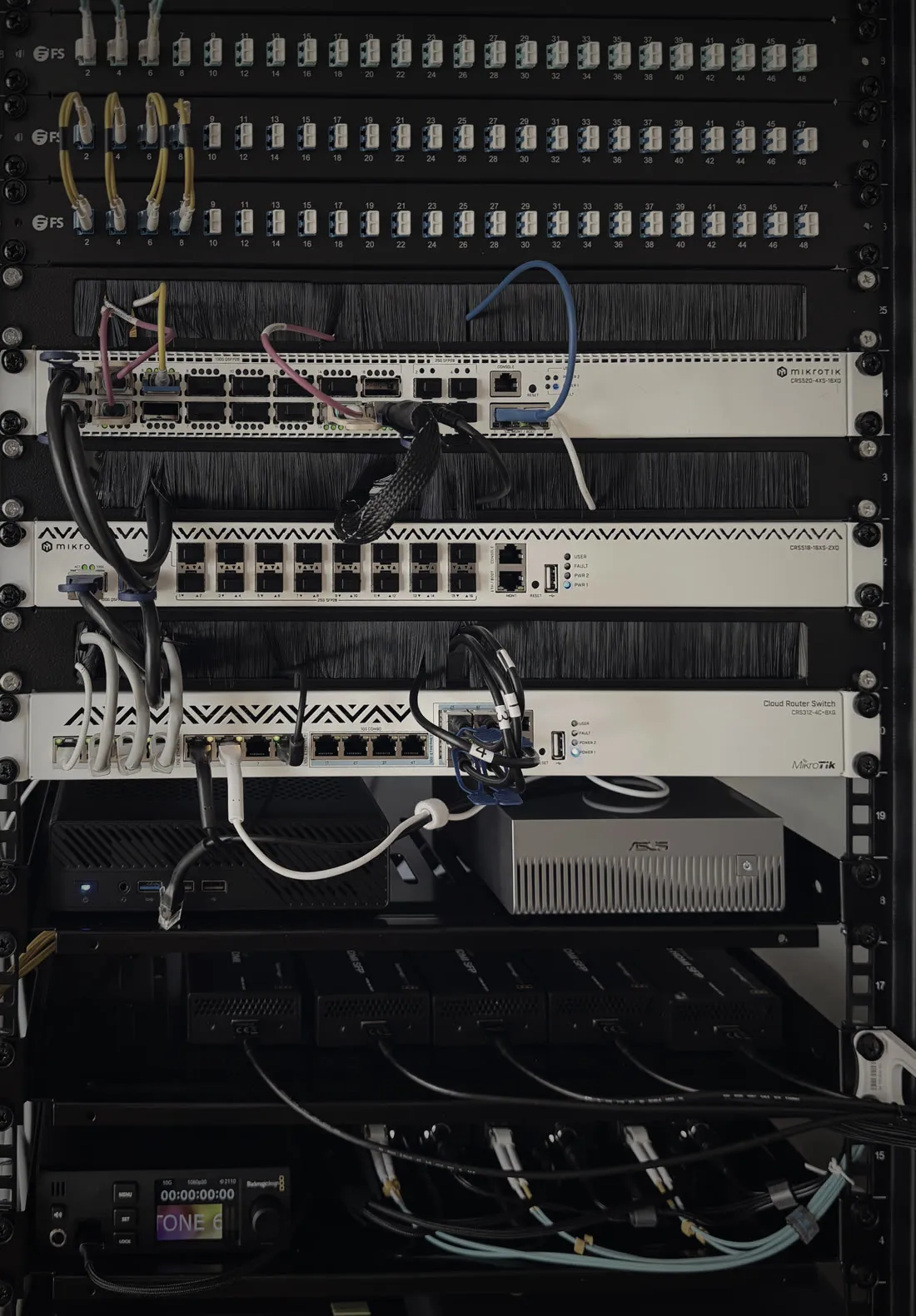 A Transmission reference rack — FS.com LC patch fields over the switch stack, controllers and sync generator below.