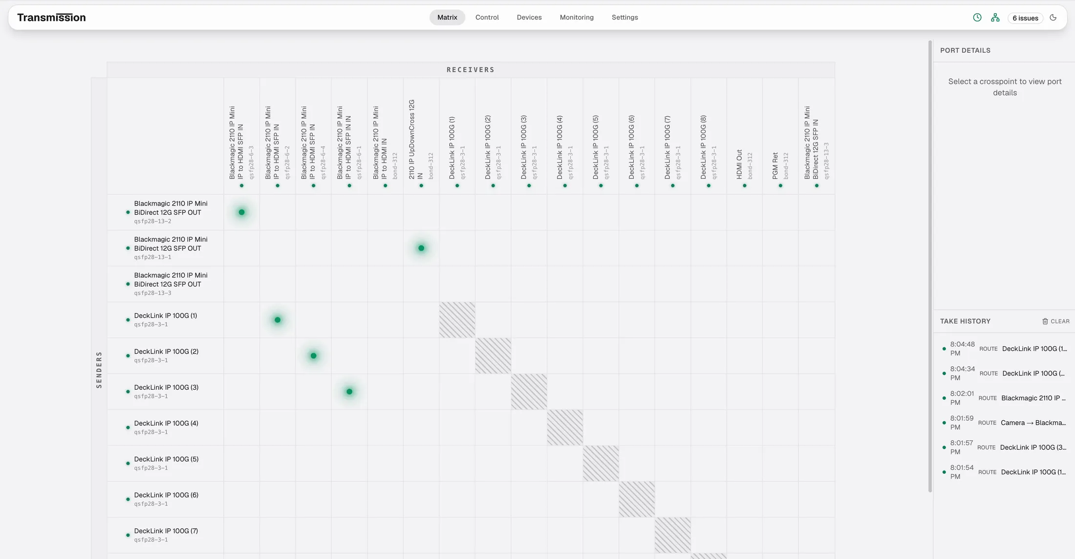 Transmission crosspoint matrix with Blackmagic 2110 IP Mini and DeckLink IP 100G senders down the left and receivers across the top, active routes marked by green crosspoints.