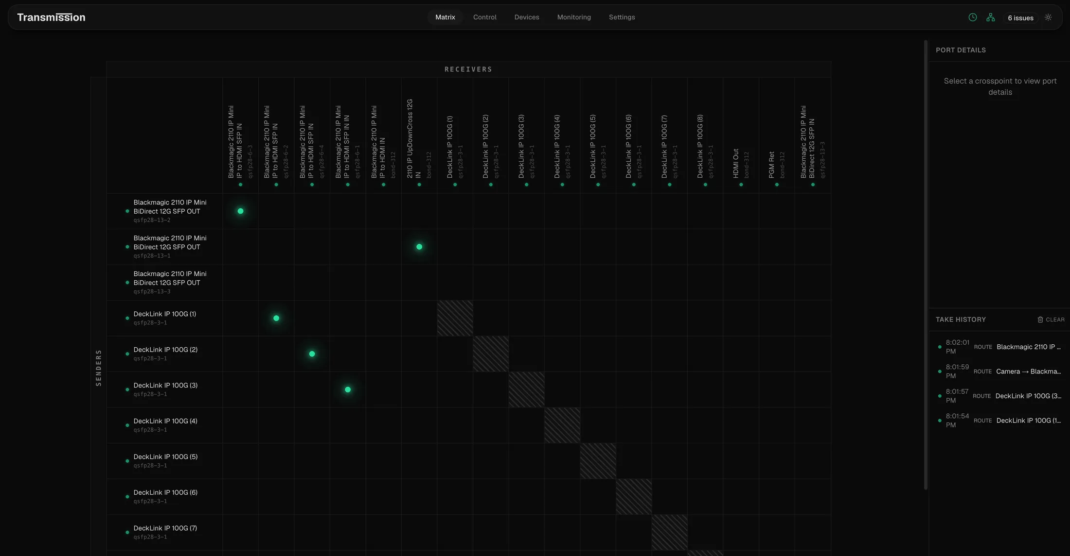 Transmission crosspoint matrix with senders down the left and receivers across the top, active routes marked by green crosspoints.